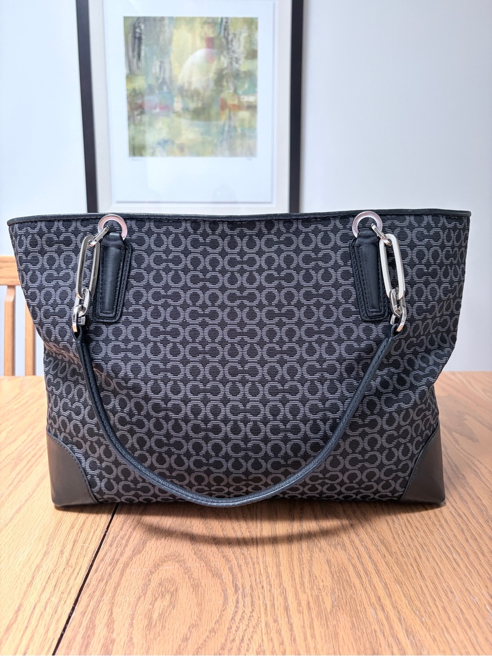 2013 COACH Madison Blk/Gry OpArt Needlepoint Tote w/ Pink Leather Charm 26767 - Picture 5 of 15